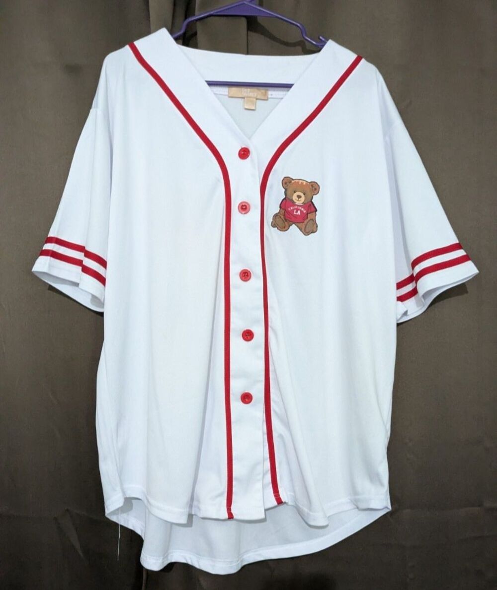 Cult Favorite Los Angeles California Teddy Bear White Baseball Jersey Blouse XL